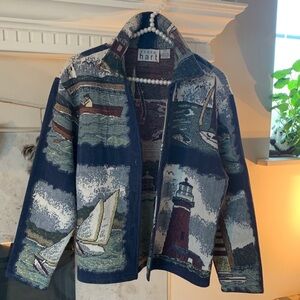 Lovely Tapestry Lighthouse & Sailboat Button Jacket Size S No Flaws